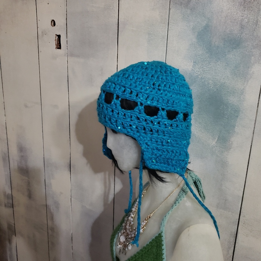 Handmade turquoise winter hat w/ ear flap
